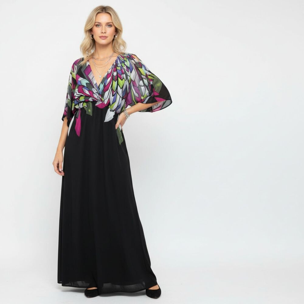 Forever 21 Black Peacock Bodice Print Maxi Long A Line Skirt Dress M